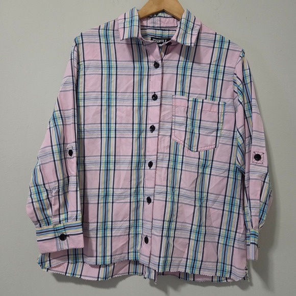 Thrill Jeans Tops - Thrill Jeans Womens 1X Pink Plaid Roll Tab Sleeve Button Up Shirt Raw Hem